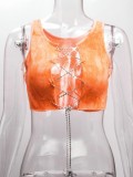 Summer Tie Dye Orange Chains Lace-Up Tank Crop Top