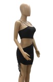Summer Black Cut Out Ruched Strings Strap Mini Bodycon Dress