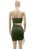 Summer Green Cut Out Ruched Strings Strap Mini Bodycon Dress