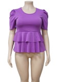 Summer Plus Size Formal Purple Short Sleeve Peplum Top