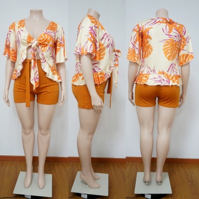 Plus Size Summer Print Orange Short Sleeve Blouse and Shorts Matching Set