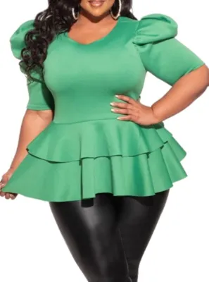 Summer Plus Size Formal Green Short Sleeve Peplum Top