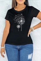 Summer Print Black O-Neck Short Sleeve T Shirt