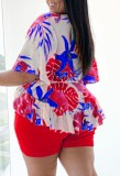 Plus Size Summer Print Red Short Sleeve Blouse and Shorts Matching Set
