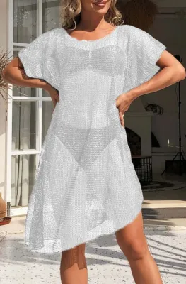 Summer White Hollow Out Short Sleeve Dress Cover-Up
