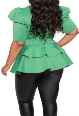 Summer Plus Size Formal Green Short Sleeve Peplum Top