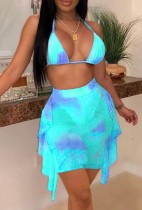 Summer Blue Tie Dye Bra and Ruffle Skirt Matching 2PC Party Set