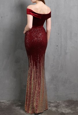Summer Velvet Upper Strapless Sequin Red Mermaid Evening Dress