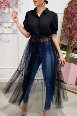 Summer Elegant Black Mesh Patch Long Tops