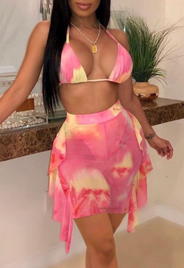 Summer Pink Tie Dye Bra and Ruffle Skirt Matching 2PC Party Set