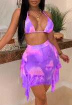 Summer Purple Tie Dye Bra and Ruffle Skirt Matching 2PC Party Set