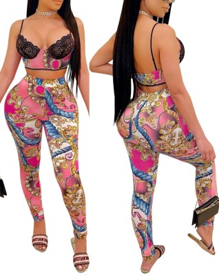 Summer Print Retro Lace Patch Crop Top and High Waist Pants 2PC Bodycon Set