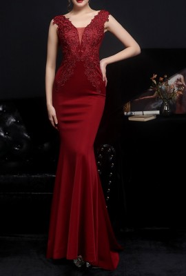 Summer Red Lace Upper Sleeveless V-Neck Mermaid Evening Dress