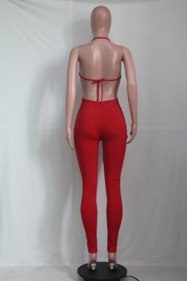 Summer Red Sexy Cut Out Halter Bodycon Jumpsuit