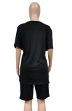 Summer Plus Size Black Print Casual Shirt and Shorts 2PC Set