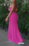 Summer Knitting Pink Side Slit Wrapped Halter Long Dress