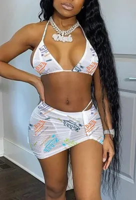 Summer Print White Sexy Bra and Panty, Matching Mini Skirt 3 Piece Party Set