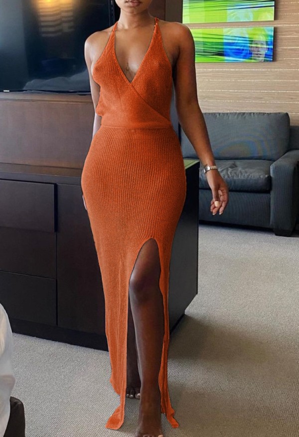 Summer Knitting Orange Side Slit Wrapped Halter Long Dress