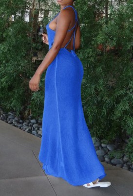 Summer Knitting Blue Side Slit Wrapped Halter Long Dress