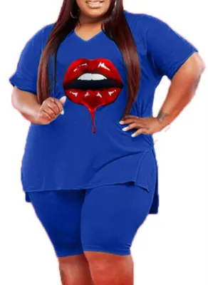 Summer Plus Size Blue Print Casual Shirt and Shorts 2PC Set