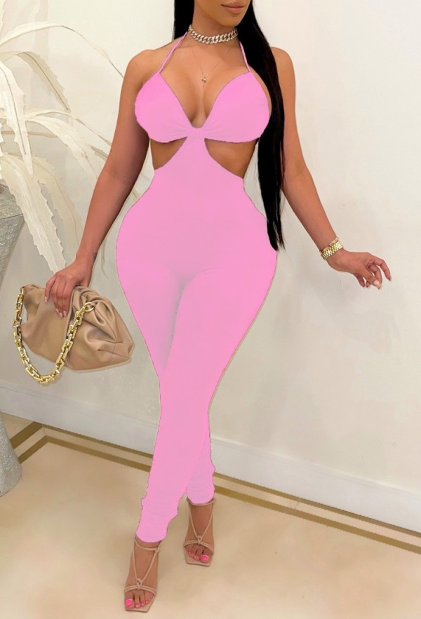 Summer Pink Sexy Cut Out Halter Bodycon Jumpsuit