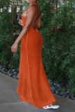 Summer Knitting Orange Side Slit Wrapped Halter Long Dress