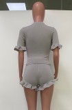 Summer Casual Grey Ruffle Shirt and Shorts 2 Piece Matching Set