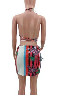 Summer Print Retro Bikini Top and Matching Mini Skirt 2PC Set