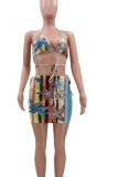 Summer Print Retro Bikini Top and Matching Mini Skirt 2PC Set