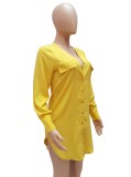 Summer Yellow Long Sleeve Deep-V Blouse Dress