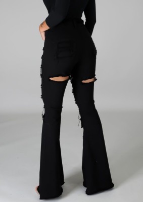 Summer Black High Waist Bell Bottom Ripped Tassel Jeans