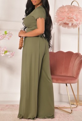 Summer Casual Green Crop Top and High Waist Wide Pants Matching Set