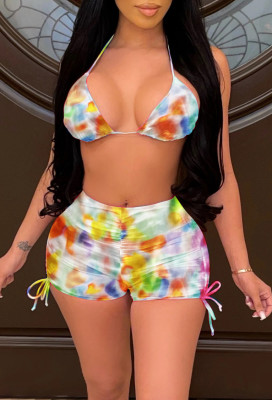 Summer Tie Dye Bra and Ruched Strings Shorts 2PC Sexy Set