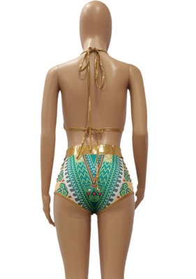Summer African Dashiki Print Hollow Out Two Piece High Waist Swimwear