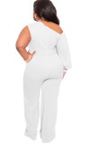Summer Plus Size White One Shoulder Formal Jumpsuit with Single Sleeve