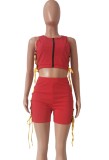 Summer Red Lace-Up Zipper Crop Top and Biker Shorts 2PC Matching Set