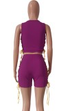 Summer Purple Lace-Up Zipper Crop Top and Biker Shorts 2PC Matching Set