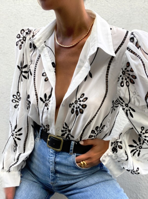 Spring White Floral Long Sleeve Collar Blouse