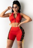 Summer Red Lace-Up Zipper Crop Top and Biker Shorts 2PC Matching Set