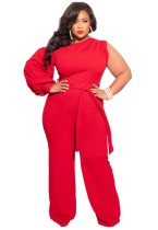 Summer Plus Size Red One Shoulder Formal Jumpsuit with Single Sleeve