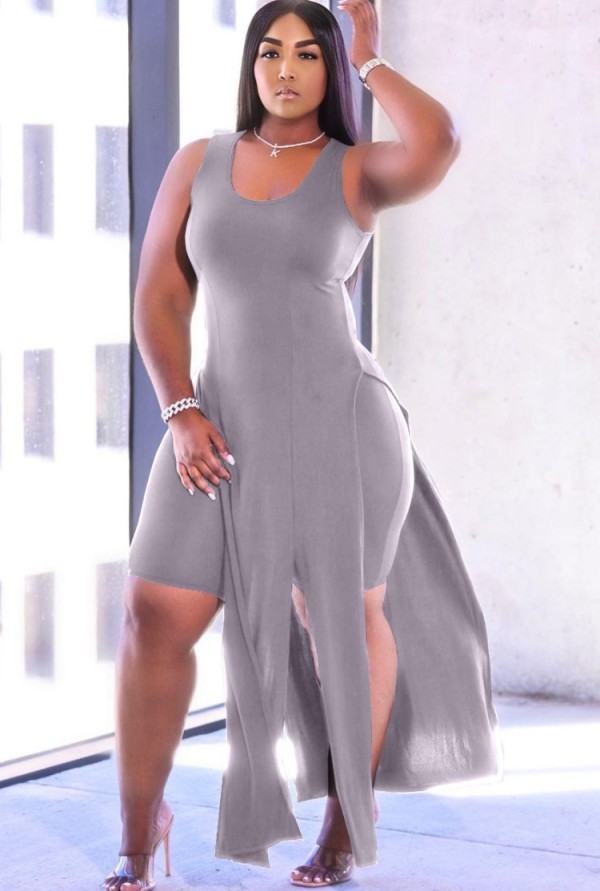 Summer Grey Slit Long Top and Tight Shorts 2PC Matching Set