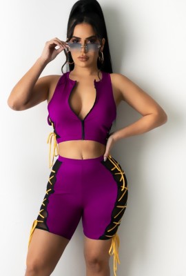Summer Purple Lace-Up Zipper Crop Top and Biker Shorts 2PC Matching Set