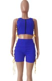 Summer Blue Lace-Up Zipper Crop Top and Biker Shorts 2PC Matching Set