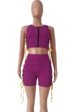 Summer Purple Lace-Up Zipper Crop Top and Biker Shorts 2PC Matching Set
