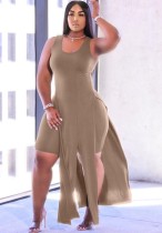 Summer Khaki Slit Long Top and Tight Shorts 2PC Matching Set