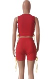 Summer Red Lace-Up Zipper Crop Top and Biker Shorts 2PC Matching Set