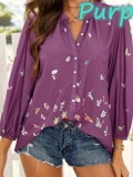 Summer Purple Butterfly Print Long Sleeve V-Neck Loose Blouse
