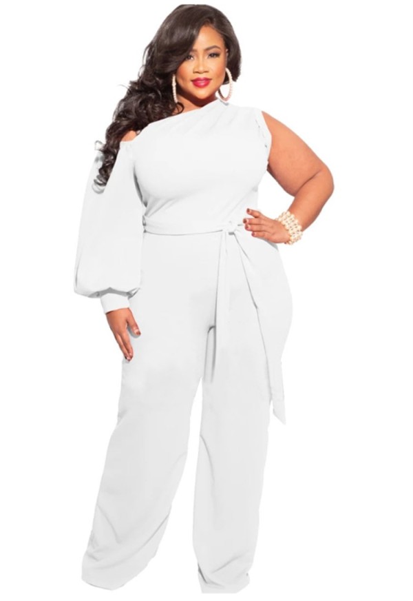 Summer Plus Size White One Shoulder Formal Jumpsuit with Single Sleeve
