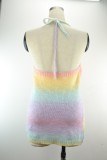 Summer Rainbow Knitting Halter Mini Dress