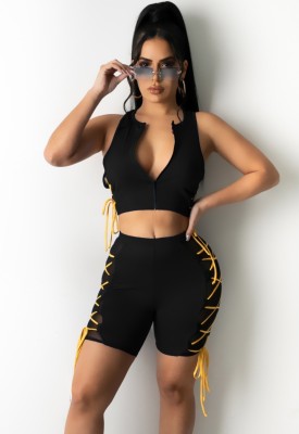 Summer Black Lace-Up Zipper Crop Top and Biker Shorts 2PC Matching Set